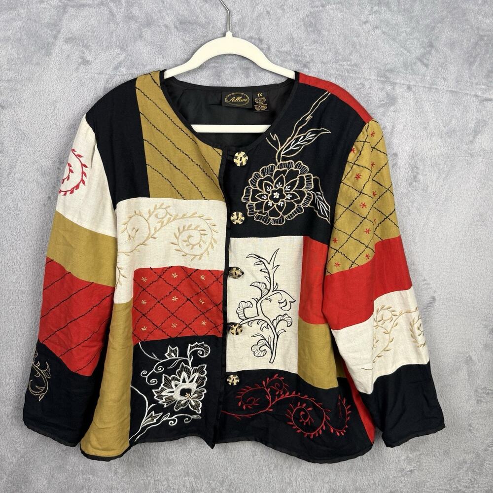 Vtg Allure Patchwork Blazer Jacket 1X Boho Peasant Embroidered Cotton Flax Blend